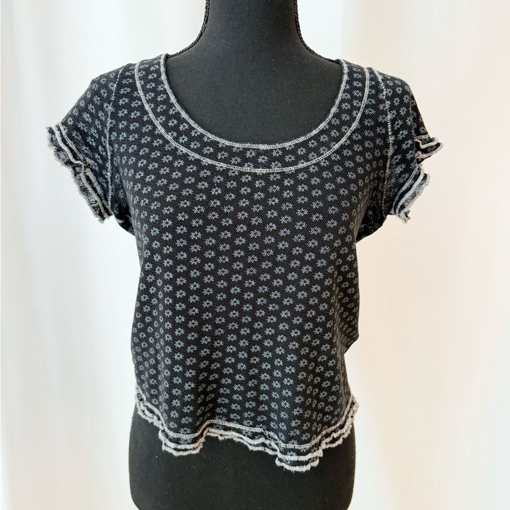Free People Black Floral Ruffle Hem Crop Top Size S